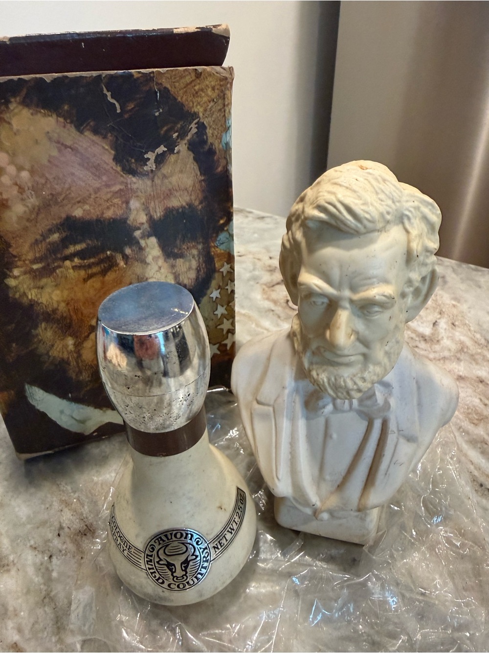 Vintage Abraham Lincoln Avon Bottle White Milk Glass Decanter original packaging